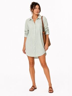 Salty Lemon Green & White 100% Cotton Seersucker Stripe Shirt Dress – Size Large